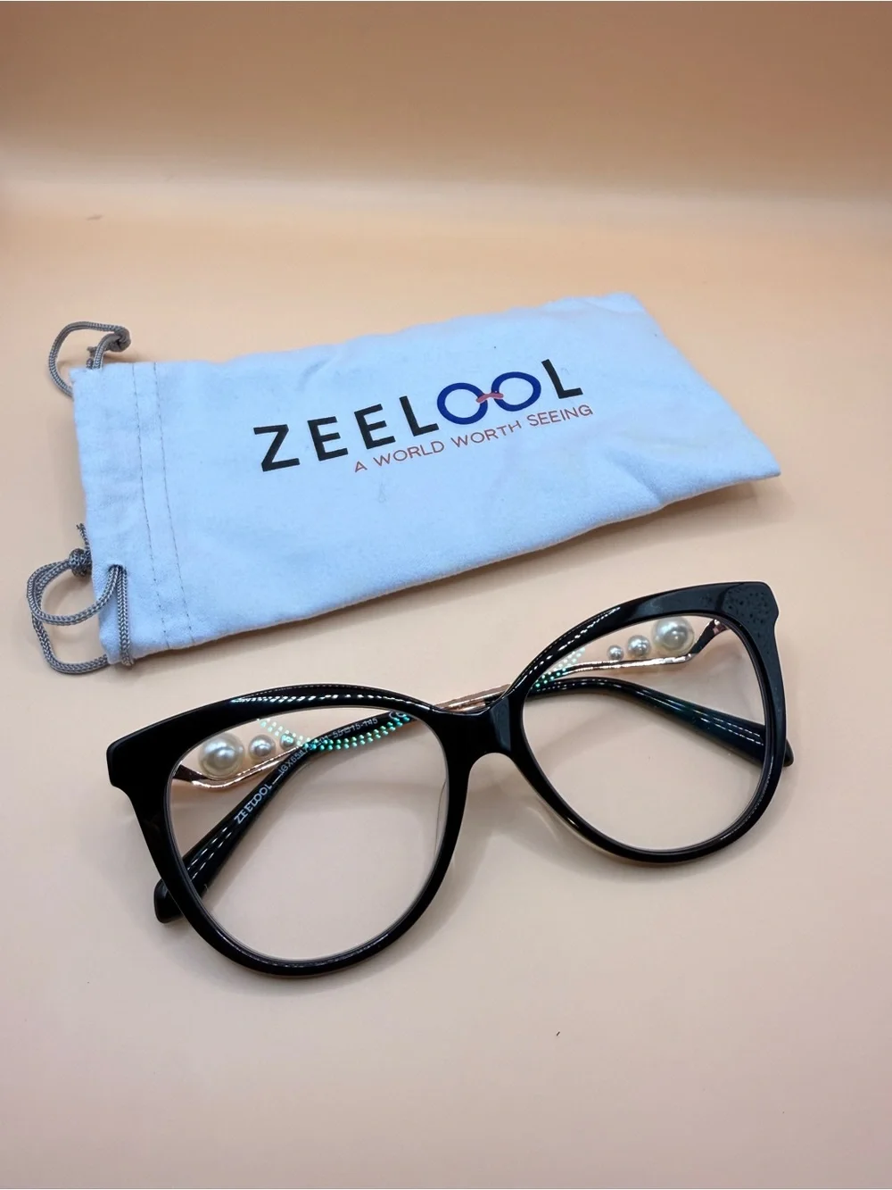 Black Cat-Eye Glasses Frame with Pearl Accent, no Prescription